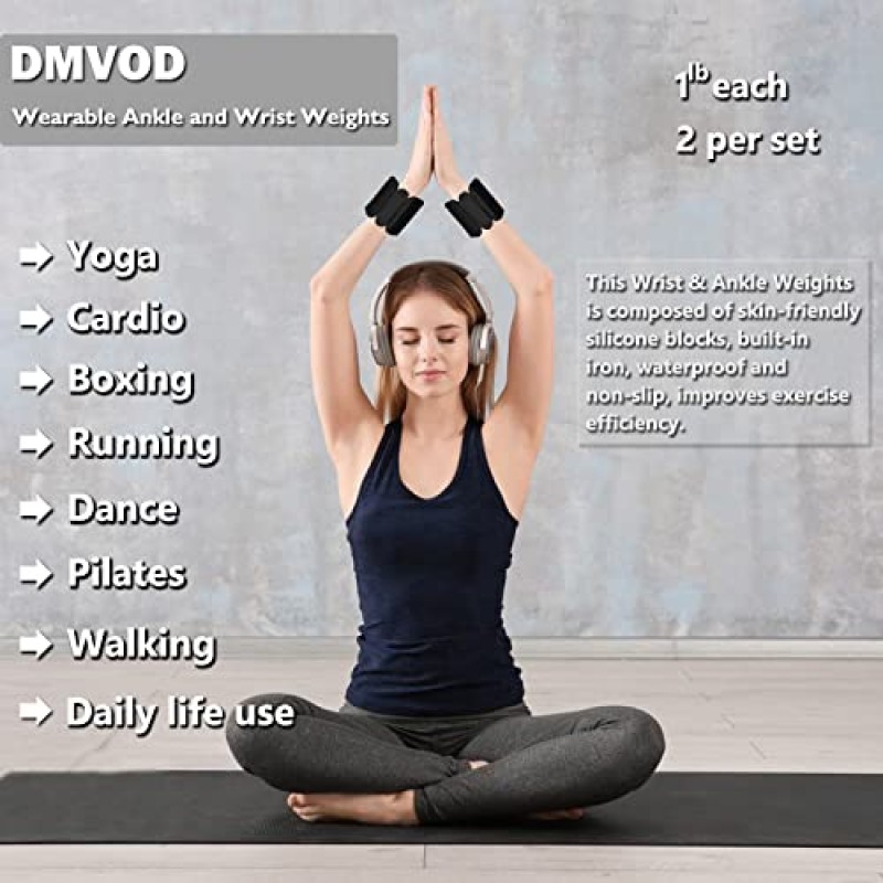 DMVOD 근력 운동 남성 및 여성을 위한 조절 가능한 손목 및 발목 무게, 2개 세트(각 1lb), 요가, 걷기, 달리기, 에어로빅, 체육관, 피트니스, 운동을 위한 착용 가능 가중치 팔찌