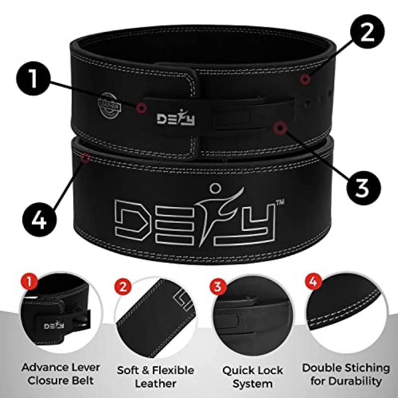 DEFY 역도 벨트 - 스테인레스 스틸 버클이 있는 순수 가죽 역도 벨트 - 남성 및 여성을 위한 이상적인 운동 장비 - 역도용 4