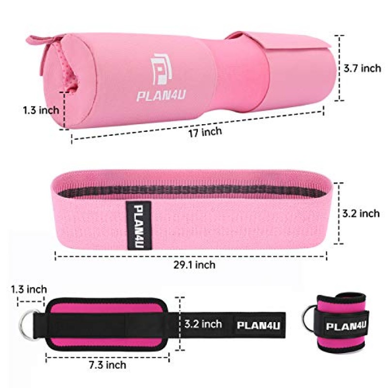 스쿼트 엉덩이 밀어내기를 위한 Plan4U 바벨 패드 세트 업그레이드된 운동 폼 역도 바 쿠션 미끄럼 방지 곡물이 있는 어깨 목 지지대, 표준 올림픽 바 및 스미스 머신에 적합, 체육관 발목 스트랩 2개, 엉덩이 저항 밴드, 운반용 가방