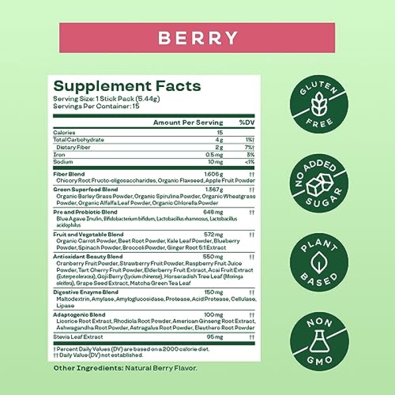 Bloom Nutrition 슈퍼 그린 파우더 스무디 믹스, 스틱 팩 15개 - 여성을 위한 소화기 건강 및 팽만감 완화를 위한 프로바이오틱스, 장 건강을 위한 유기농 슈퍼푸드가 함유된 소화 효소(베리)