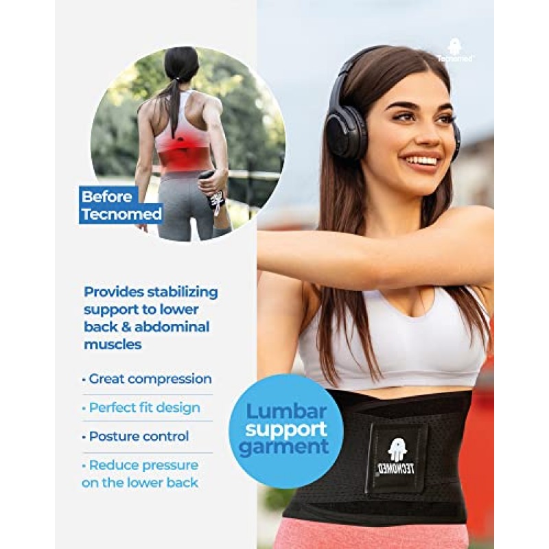 Tecnomed Back Brace 허리 통증, 디스크 탈출증, 좌골 신경통, 척추 측만증 등을 즉각적으로 완화합니다! - 통기성 메쉬 디자인 - 조절 가능한 지지 스트랩 - 허리 벨트 블랙