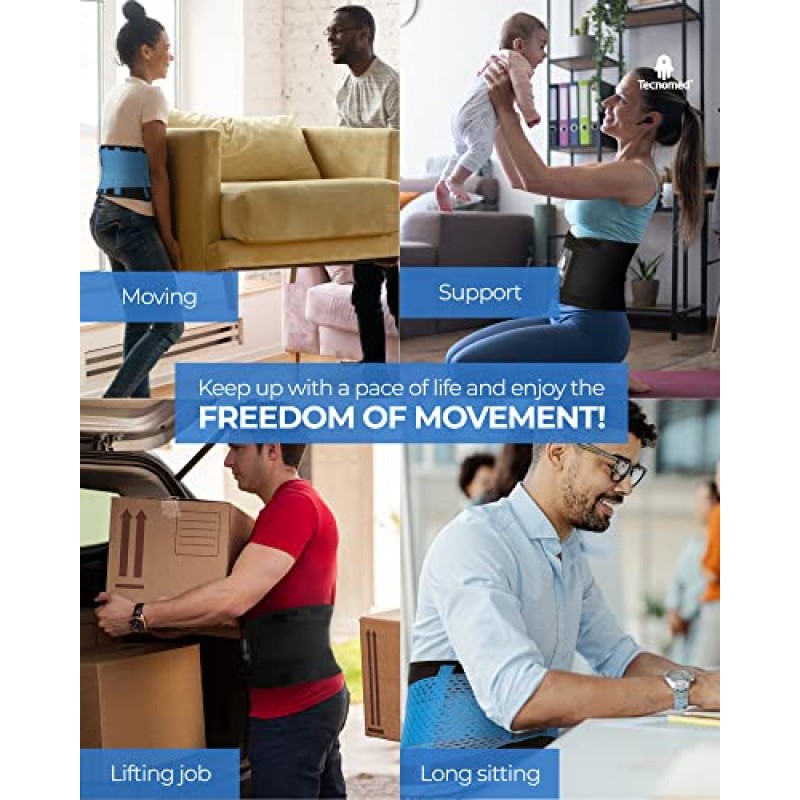Tecnomed Back Brace 허리 통증, 디스크 탈출증, 좌골 신경통, 척추 측만증 등을 즉각적으로 완화합니다! - 통기성 메쉬 디자인 - 조절 가능한 지지 스트랩 - 허리 벨트 블랙