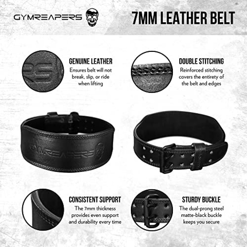 Gymreapers 역도 벨트 - 조절 가능한 버클이 있는 7MM 헤비듀티 프로 가죽 벨트 - 역도, 보디빌딩, 크로스 트레이닝을 위한 4인치 너비의 허리 지지대 안정화