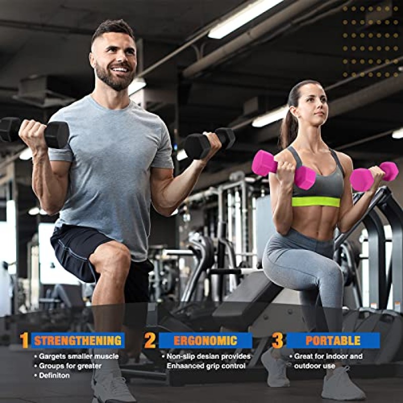 Portzon Weights Dumbbells 10가지 색상 옵션 네오프렌 덤벨 세트 2개 세트, 1-15LB, 미끄럼 방지, 롤 방지, 육각 모양과 호환 가능