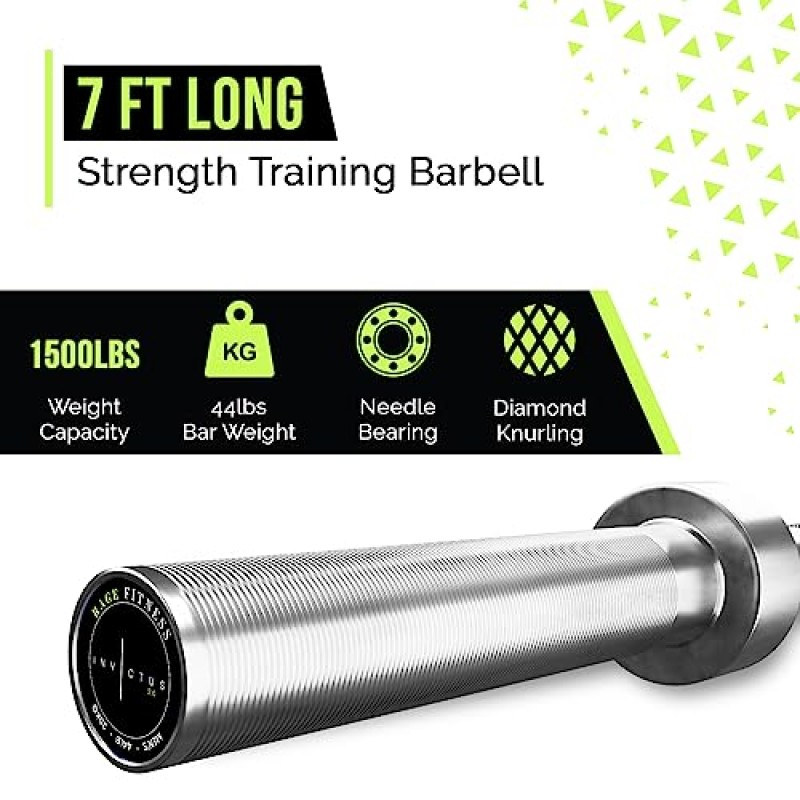 Rage Fitness Invictus 남성용 바벨(7FT)(44LBS 바 무게)(1500LBS 무게 용량) 웨이트 트레이닝 바벨, 홈 체육관 피트니스 필수, 근력 운동 운동 바, 휴대용 운동 장비