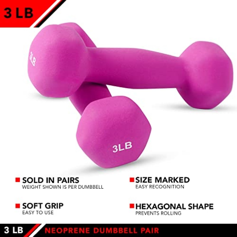 JFIT 덤벨 핸드 웨이트 쌍 및 세트 – 네오프렌 및 비닐 덤벨 쌍 옵션 또는 7개의 네오프렌 덤벨 랙 세트 옵션 – 프리미엄 미끄럼 방지, 색상으로 구분된 육각 모양의 핸드 웨이트
