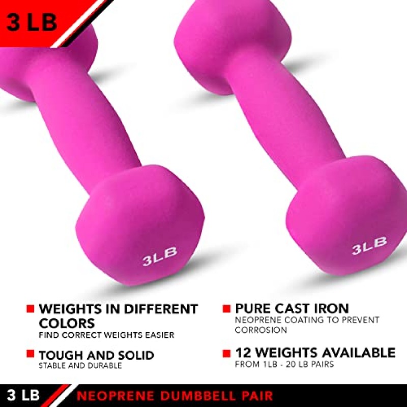 JFIT 덤벨 핸드 웨이트 쌍 및 세트 – 네오프렌 및 비닐 덤벨 쌍 옵션 또는 7개의 네오프렌 덤벨 랙 세트 옵션 – 프리미엄 미끄럼 방지, 색상으로 구분된 육각 모양의 핸드 웨이트