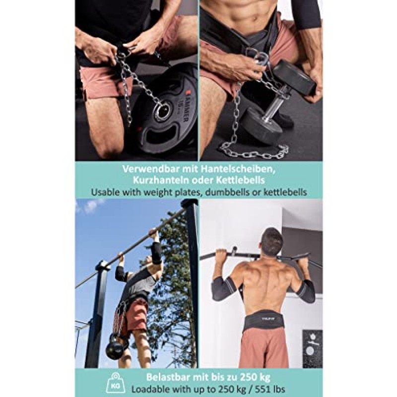 체인과 카라비너 ​​3개가 포함된 PULLUP 및 DIP 벨트, 딥 벨트 포함 의류 보호용 네오프렌 플랩, 역도 벨트, 가중 벨트, 미용 체조용 풀업 벨트, 웨이트 트레이닝, 보디빌딩