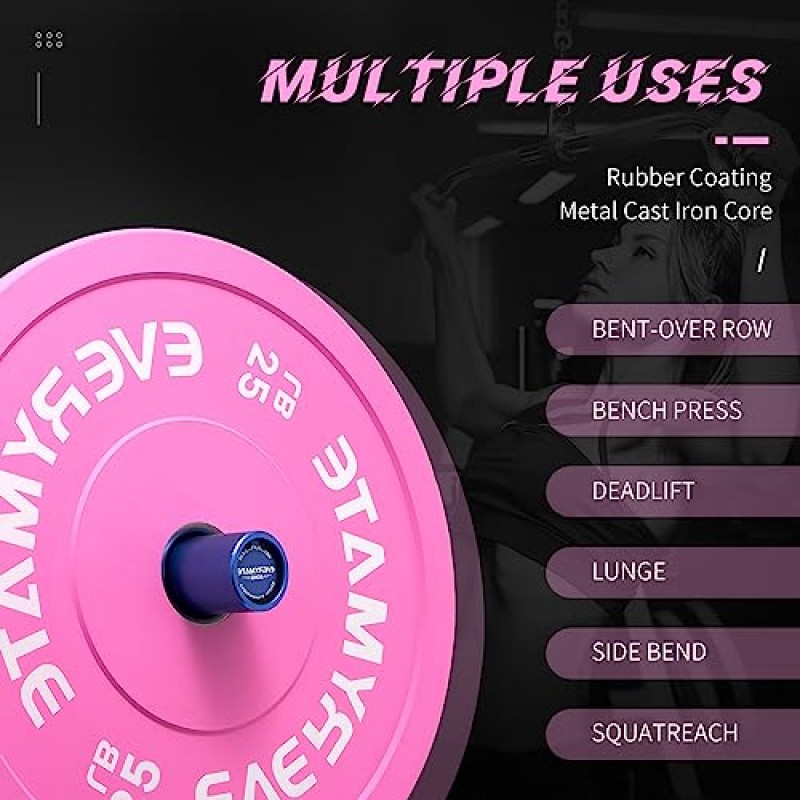 EVERYMATE 핑크 웨이트 플레이트 10LB 15LB 올림픽 범퍼 플레이트 근력 훈련 및 크로스핏용 그립 웨이트 플레이트 스틸 인서트 웨이트 플레이트 2인치 바벨에 적합 버진 고무 웨이트