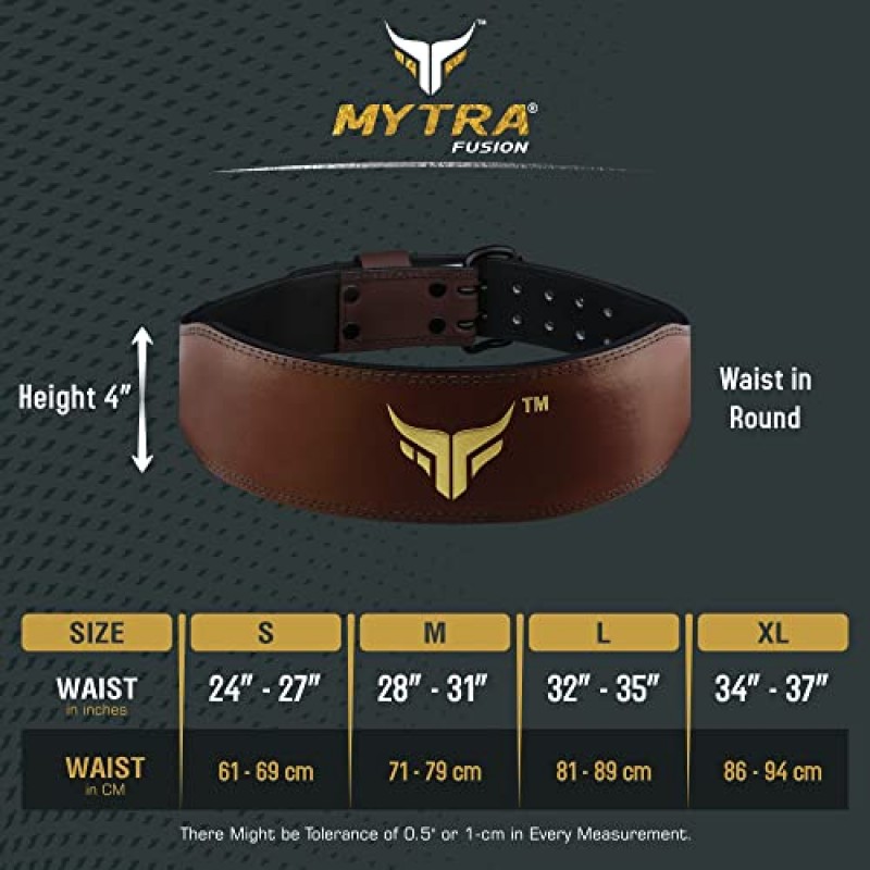 Mytra Fusion 역도 벨트 더블 프롱 버클 파워 리프팅 백 지원 벨트 역도용 100% 가죽 체육관 벨트 남성용 여성용 역도 벨트, 파워 리프팅, 근력 훈련, 스쿼트 또는 데드리프트 운동 최대 600파운드.