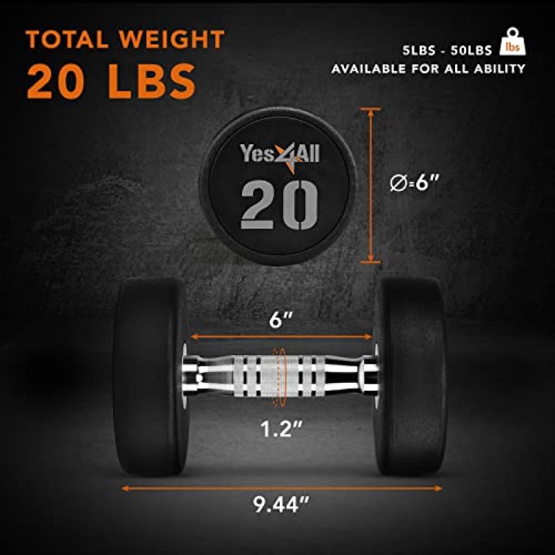 Yes4All 근육 강화를 위한 미끄럼 방지 널링 손잡이가 있는 우레탄 덤벨 5-50LBS - 개별 판매