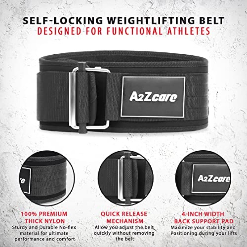 A2ZCARE 역도 벨트 - 4인치 네오프렌 운동 벨트 - 허리 지지대, 역도, 올림픽 파워리프팅, 스쿼트용 자동 잠금 역도 벨트 -데드리프트 훈련 벨트