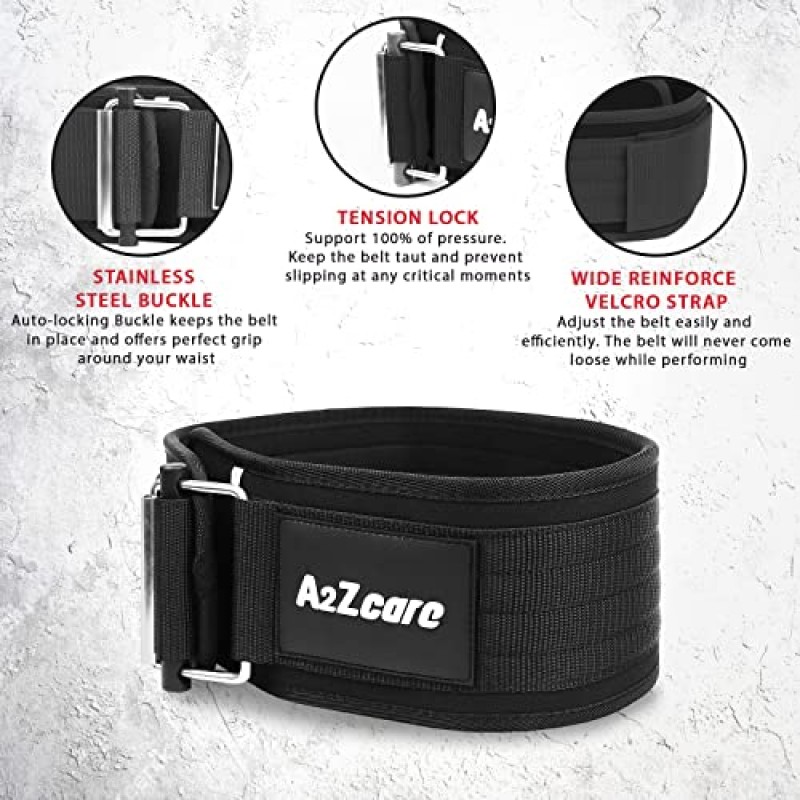 A2ZCARE 역도 벨트 - 4인치 네오프렌 운동 벨트 - 허리 지지대, 역도, 올림픽 파워리프팅, 스쿼트용 자동 잠금 역도 벨트 -데드리프트 훈련 벨트