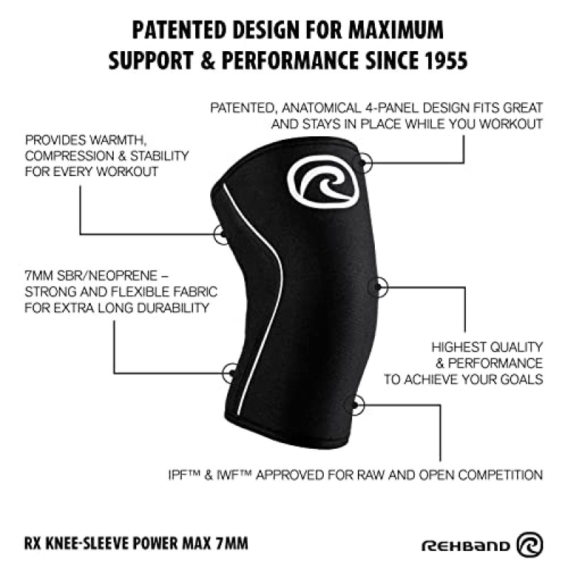 근력 스포츠용 Rehband 7mm 파워 맥스 무릎 압축 슬리브, 경쟁 등급, 보디빌딩 및 헤비 파워리프팅용 네오프렌 무릎 슬리브, 색상: 블랙 - 1 쌍, 크기: X-소형