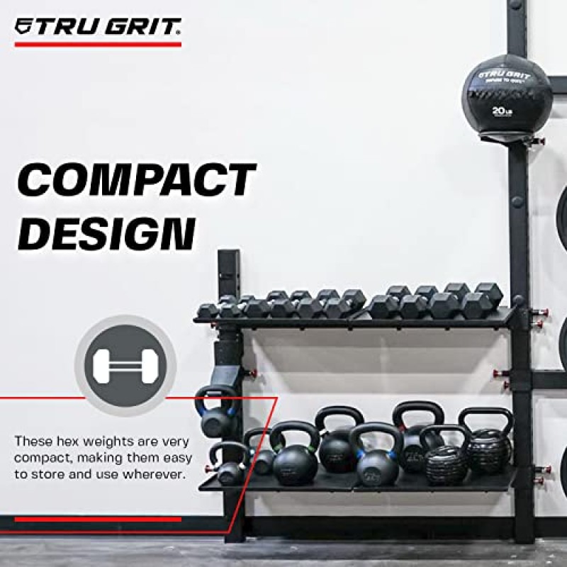 Tru Grit Fitness Hex Elite TPR 덤벨 - 크롬 도금 강철 핸들, TPU 헤드 및 육각형 고무 케이스 끝으로 설계된 고무 덤벨