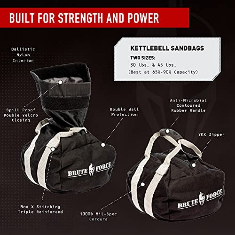Brute Force Kettlebell 샌드백 - 홈 체육관 및 크로스 트레이닝을 위한 조정 가능한 샌드백 운동 장비 - 30파운드 및 45파운드 용량 - 미국산