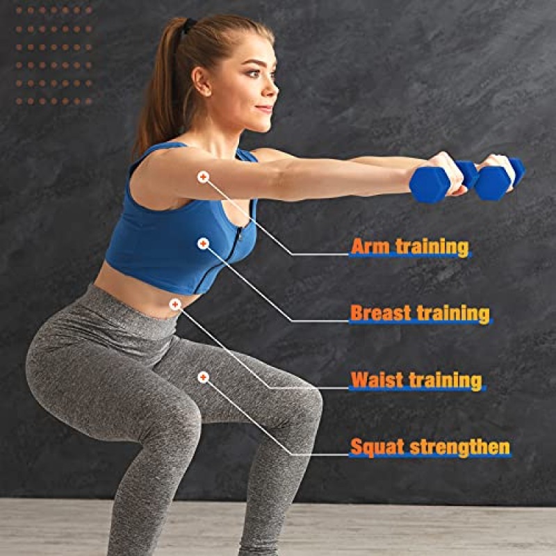 Portzon Weights Dumbbells 10가지 색상 옵션 네오프렌 덤벨 세트 2개 세트와 호환 가능, 3lb, 미끄럼 방지, 롤 방지, 육각 모양