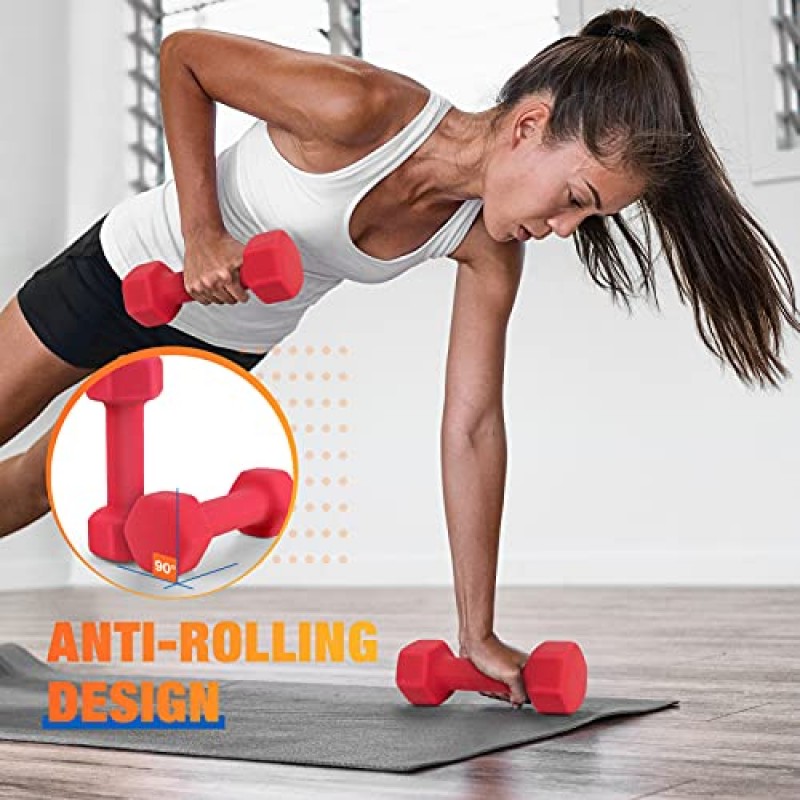 Portzon Weights Dumbbells 10가지 색상 옵션 네오프렌 덤벨 세트 2개 세트와 호환 가능, 3lb, 미끄럼 방지, 롤 방지, 육각 모양