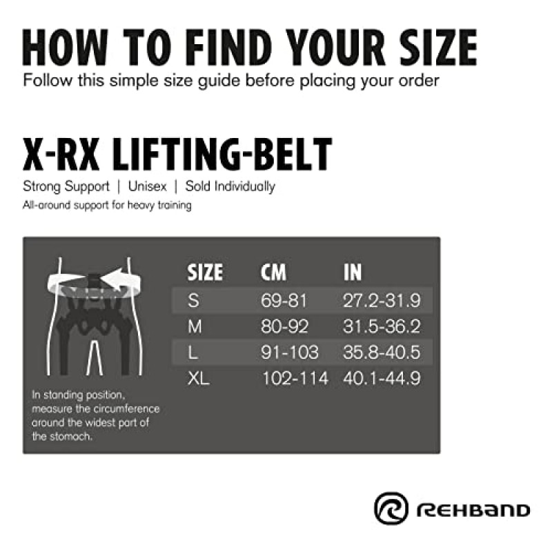 스쿼트 및 데드리프트용 Rehband 역도 벨트 - 남성 및 여성용 역도 벨트, 파워리프팅 및 보디빌딩 벨트 남녀공용, 헤비듀티 체육관 벨트