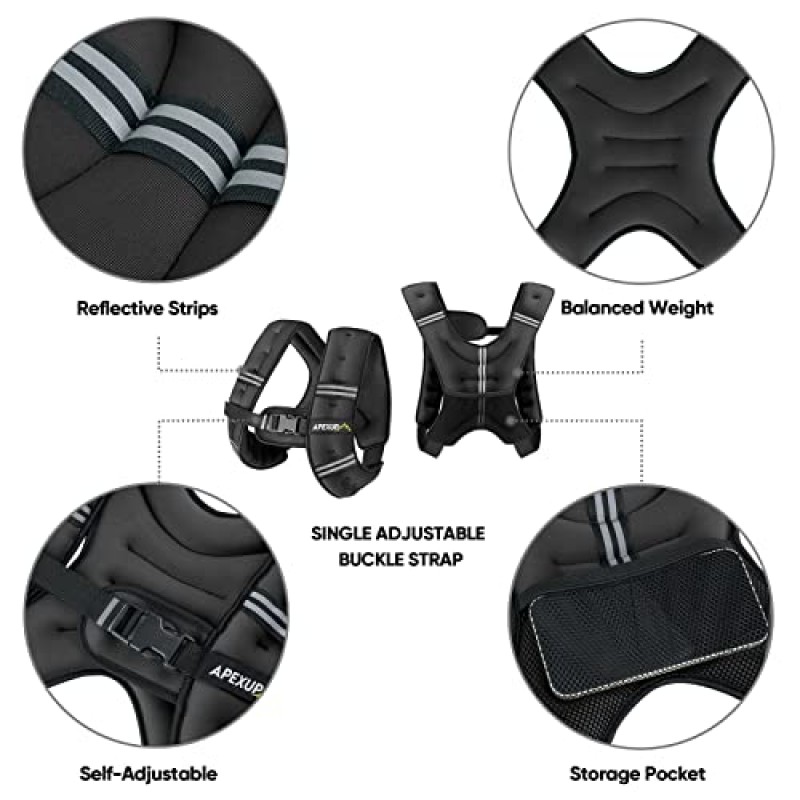 APEXUP 가중 조끼 남성용 5lbs/10lbs/15lbs/20lbs/25lbs/30lbs 무게, 반사 스트라이프, 여성용 가중 조끼 근력 훈련 달리기용 운동 장비