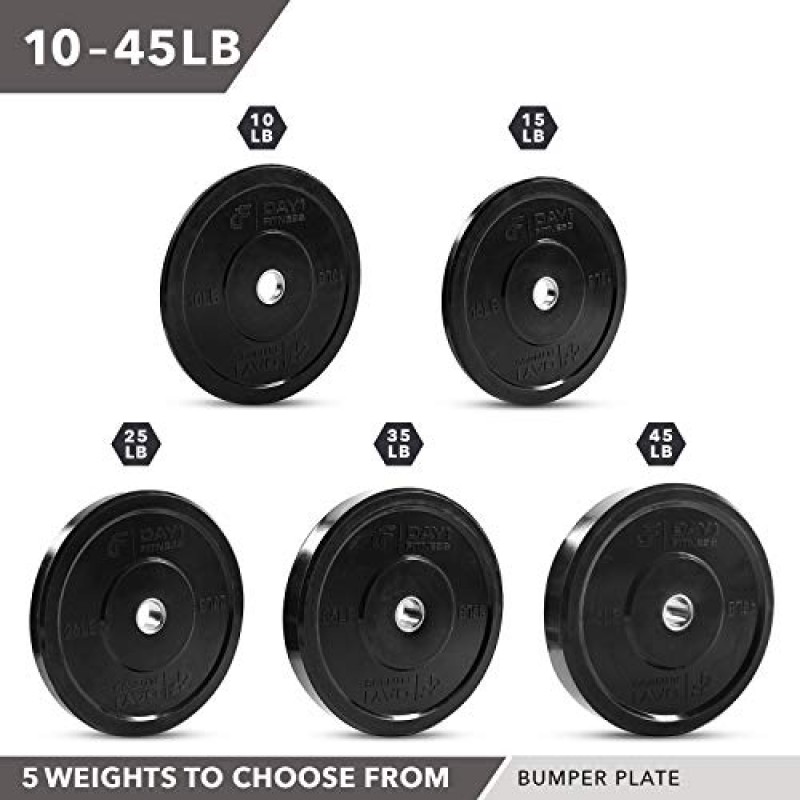 1일차 피트니스 올림픽 범퍼 플레이트 2인치 – 싱글 또는 페어, 5가지 중량 옵션 10lbs ~ 45lbs - 바벨, 바용 가중 플레이트 - 충격 흡수, 리프팅을 위한 최소 바운스, 근력 훈련