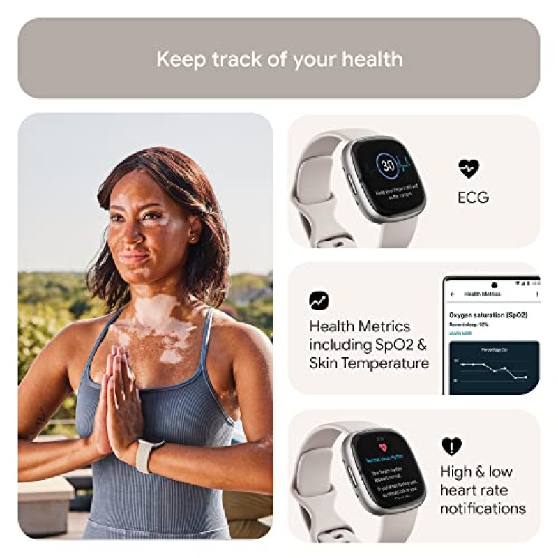 스트레스 및 수면 관리 도구, ECG 앱, SpO2, 24시간 심박수 및 GPS, 루나 화이트/플래티넘, 프리 사이즈(S 및 L 밴드 포함)를 갖춘 Fitbit Sense 2 고급 건강 및 피트니스 스마트워치