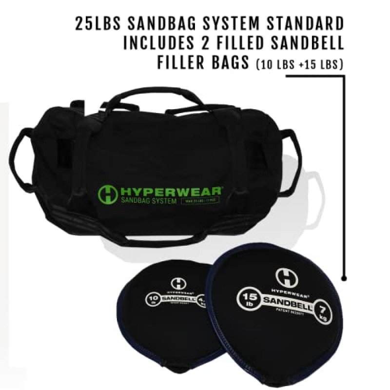 HYPERWEAR 헤비듀티 샌드백 운동 가방 시스템에는 피트니스, 근력 훈련, 컨디셔닝을 위한 채워지거나 비어 있는 SandBell 샌드 케틀벨이 포함되어 있습니다. - 25lb XS/40lb SM/80lb MD/160lb LG