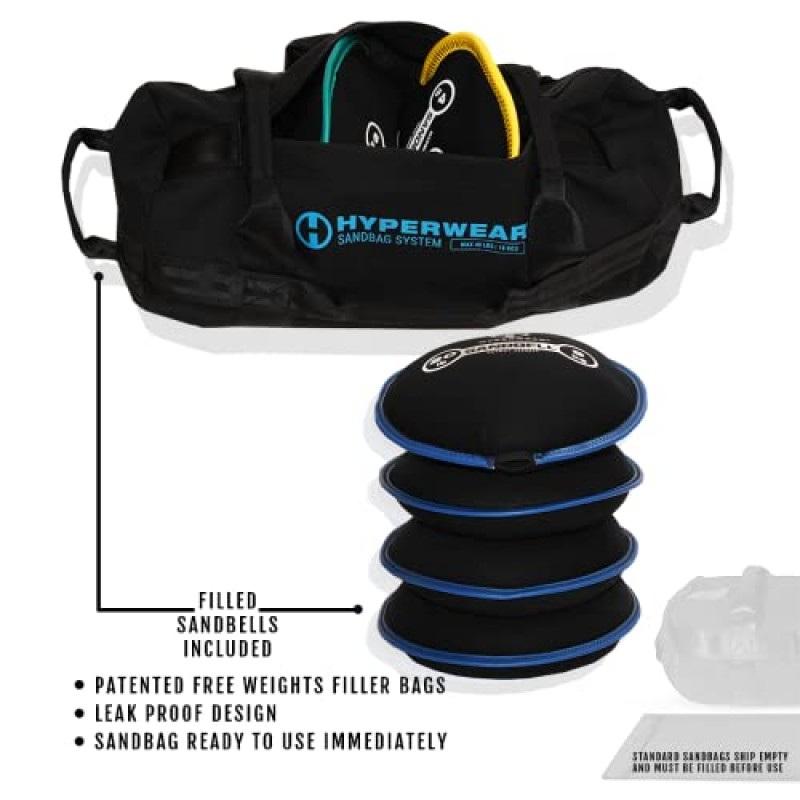 HYPERWEAR 헤비듀티 샌드백 운동 가방 시스템에는 피트니스, 근력 훈련, 컨디셔닝을 위한 채워지거나 비어 있는 SandBell 샌드 케틀벨이 포함되어 있습니다. - 25lb XS/40lb SM/80lb MD/160lb LG