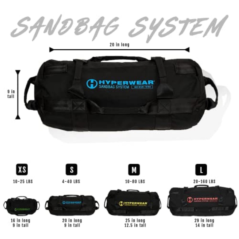 HYPERWEAR 헤비듀티 샌드백 운동 가방 시스템에는 피트니스, 근력 훈련, 컨디셔닝을 위한 채워지거나 비어 있는 SandBell 샌드 케틀벨이 포함되어 있습니다. - 25lb XS/40lb SM/80lb MD/160lb LG