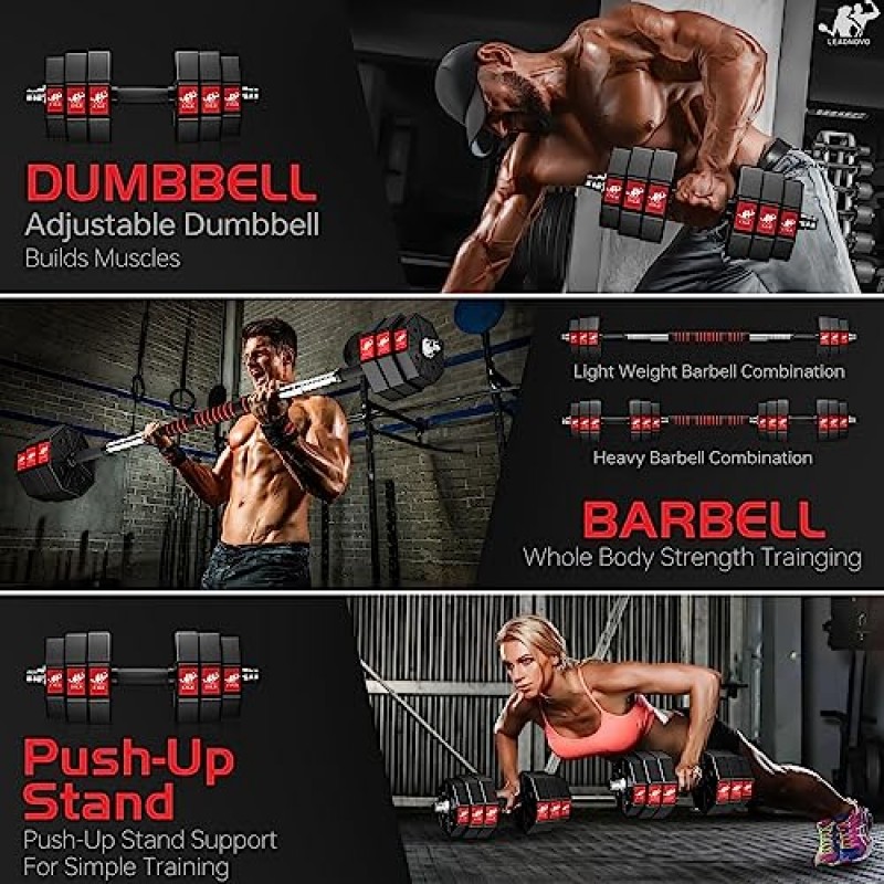 LEADNOVO 조정 가능한 무게 아령 세트, 44Lbs 66Lbs 88Lbs 3 in 1 조정 가능한 무게 아령 바벨 세트, 홈 피트니스 무게 세트 체육관 운동 남성 여성용 커넥팅로드 운동 훈련