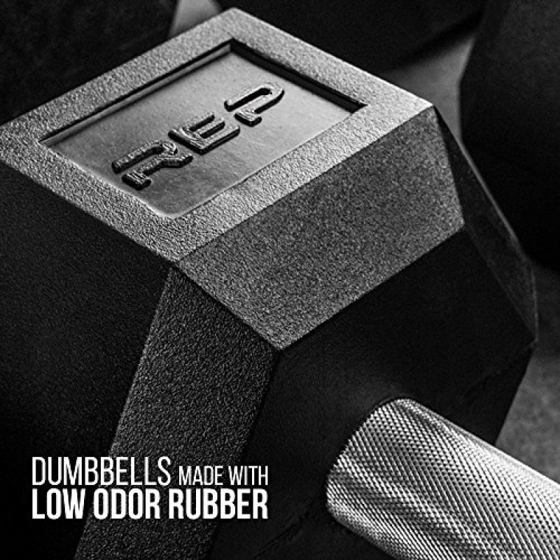 Rep Fitness 고무 육각형 덤벨 - 싱글(55LB +) 및 페어(5LB - 50LB) - 냄새가 적고 널링 처리된 핸들