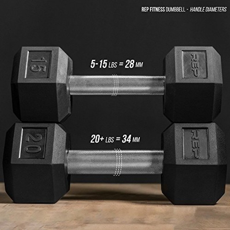 Rep Fitness 고무 육각형 덤벨 - 싱글(55LB +) 및 페어(5LB - 50LB) - 냄새가 적고 널링 처리된 핸들