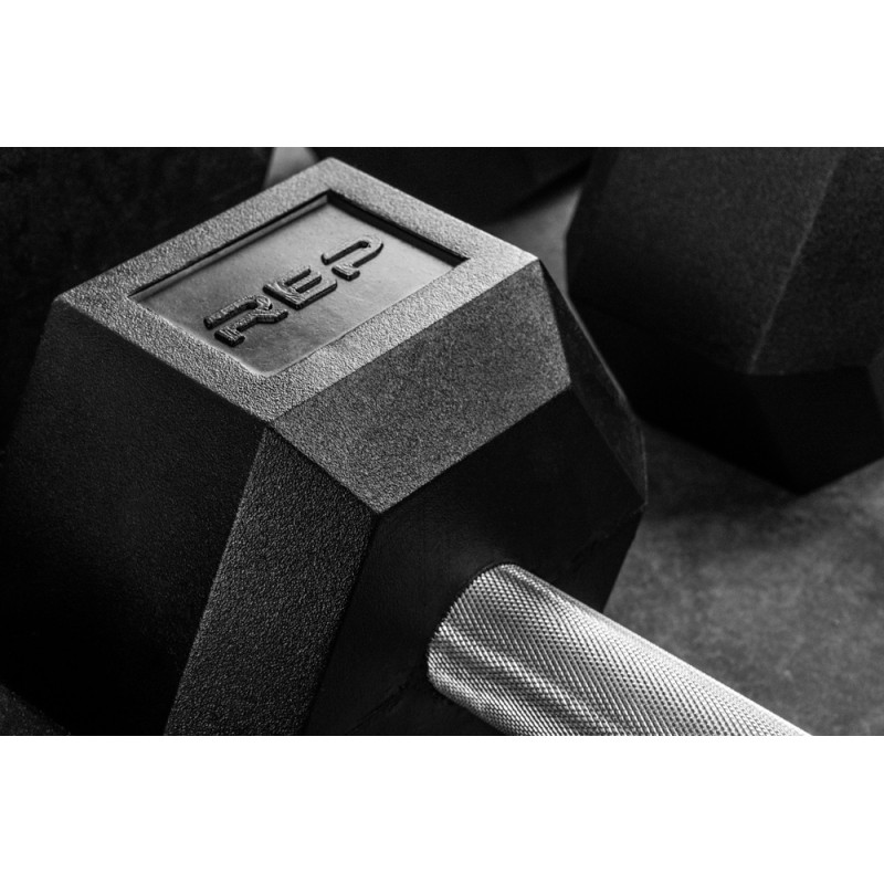 Rep Fitness 고무 육각형 덤벨 - 싱글(55LB +) 및 페어(5LB - 50LB) - 냄새가 적고 널링 처리된 핸들