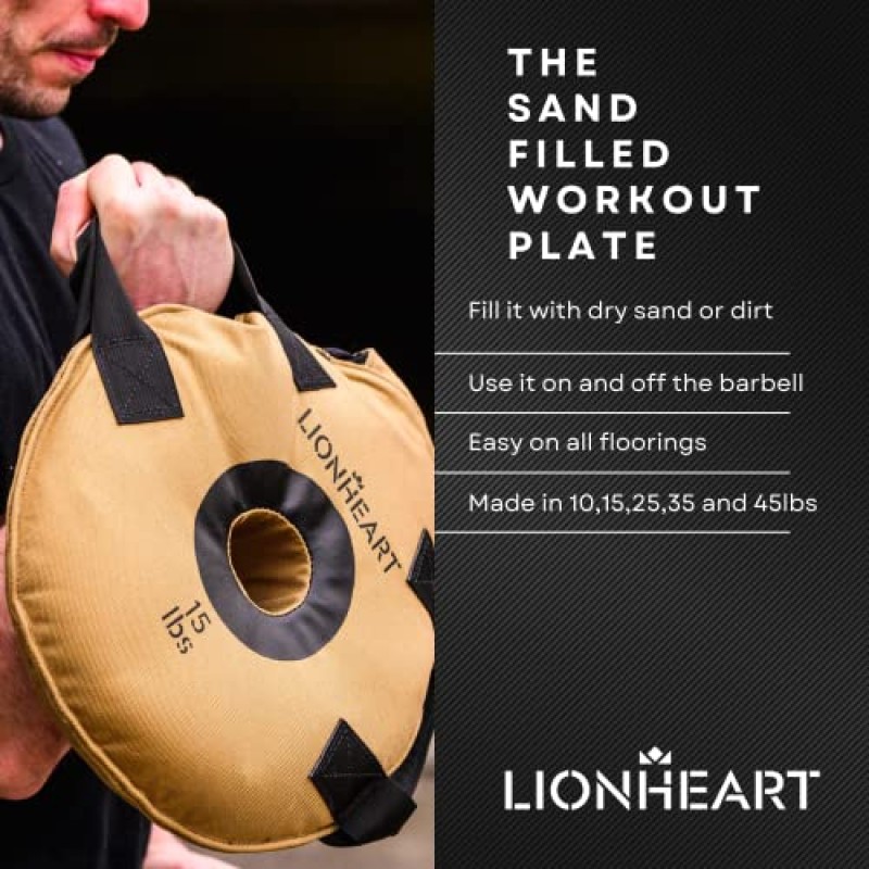 Lionheart Sand Weights 러크 플레이트 2개 세트, 온/오프 바벨 역도 장비, 샌드백 운동 가방 여행용 범퍼 플레이트, 홈 체육관 훈련 및 운동, 10-45lb 플레이트 채워지지 않은 상태로 판매