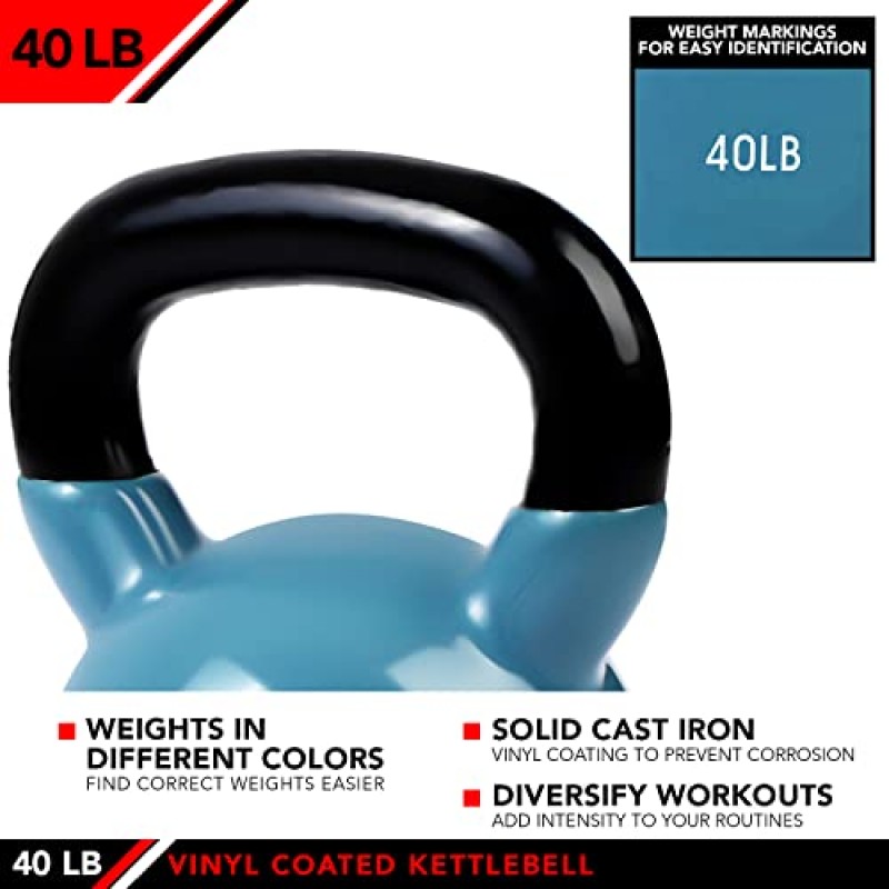 JFIT 케틀벨 웨이트 비닐 코팅 다리미 - 12가지 크기 옵션, 5lbs-50lbs - 바닥 및 장비 보호, 소음 감소, 탄도, 코어, 웨이트 트레이닝용 코팅