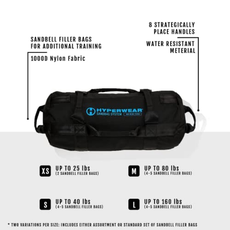 HYPERWEAR 헤비듀티 샌드백 운동 가방 시스템에는 피트니스, 근력 훈련, 컨디셔닝을 위한 채워지거나 비어 있는 SandBell 샌드 케틀벨이 포함되어 있습니다. - 25lb XS/40lb SM/80lb MD/160lb LG