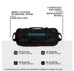 HYPERWEAR 헤비듀티 샌드백 운동 가방 시스템에는 피트니스, 근력 훈련, 컨디셔닝을 위한 채워지거나 비어 있는 SandBell 샌드 케틀벨이 포함되어 있습니다. - 25lb XS/40lb SM/80lb MD/160lb LG