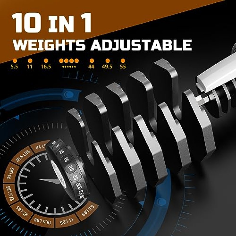 ATIVAFIT 조정 가능한 덤벨 세트, 55LB 덤벨 웨이트 세트, 10 in 1 프리 웨이트, 한 손으로 빠르게 조정 가능, 안전 잠금 장치가 있는 덤벨, 홈 체육관 운동을 위한 미끄럼 방지 손잡이 및 트레이 피트니스 근력 훈련