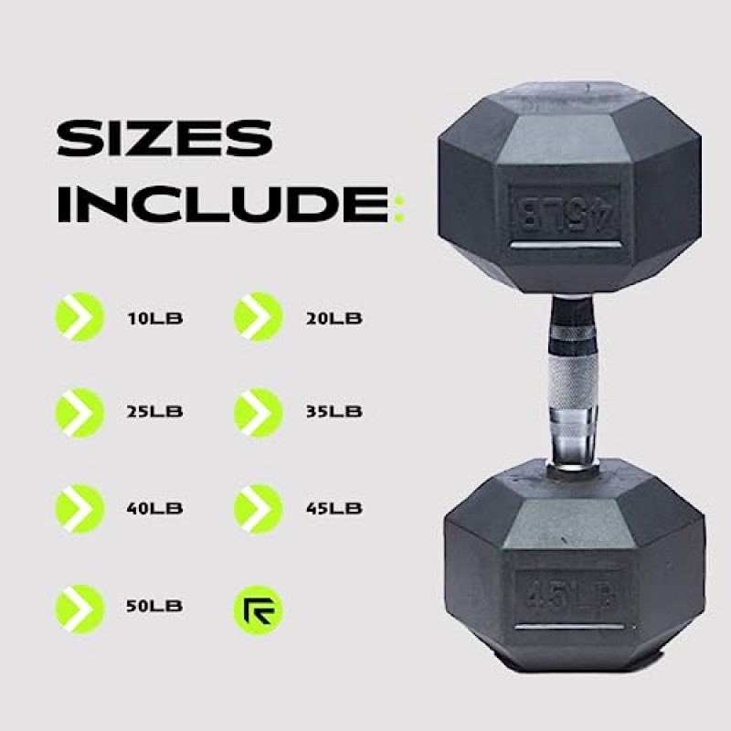 RAGE Fitness Hex Dumbbell 프리미엄 고무 케이스, 핸드 웨이트(10lb, 20lb, 25lb, 35lb, 40lb, 45lb, 50lb - 개별 판매), 2개 세트, 강철 크롬이 있는 검정색, 역도, 육각형 덤벨