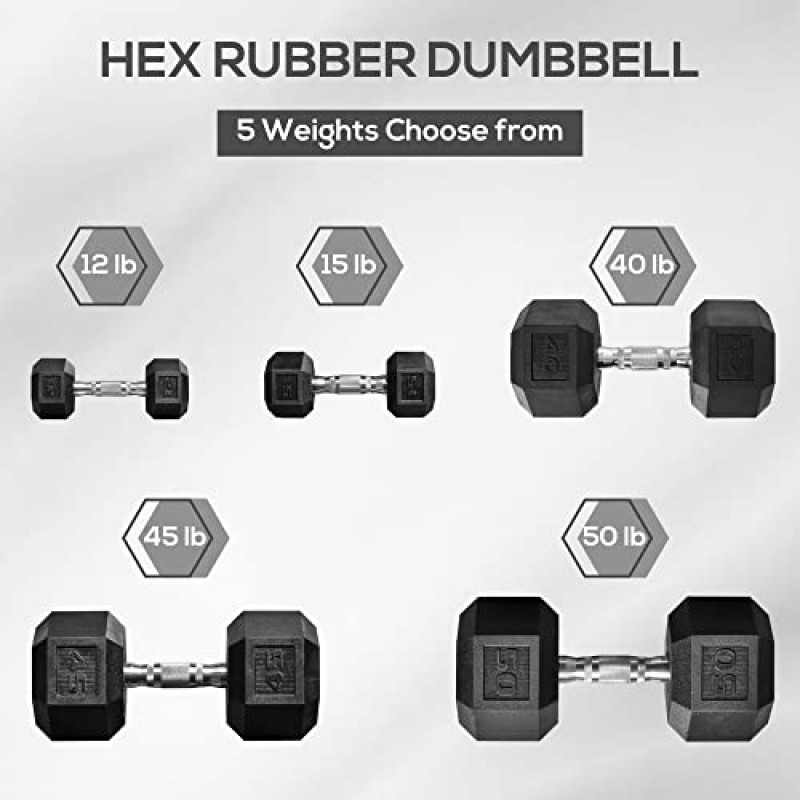 Soozier Hex Dumbbells 2개 세트, 고무 무게 운동 피트니스 덤벨, 미끄럼 방지 핸들, 안티롤, 여성용 또는 남성용 홈 체육관 운동, 2 x 40lbs
