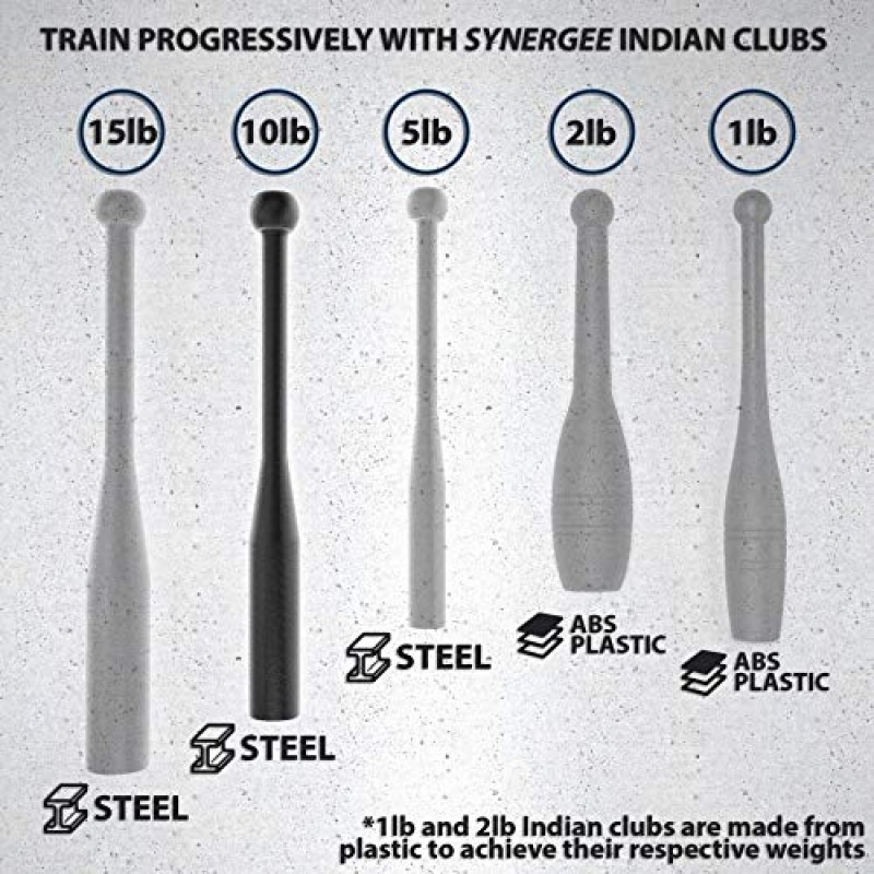 Synergee 인디언 클럽 1lb, 2lb, 5lb, 10lb & 15lb. 파워 클럽 - 운동 웨이트 클럽 벨 - 그립 및 팔뚝 근력 트레이너 - 쌍으로 판매