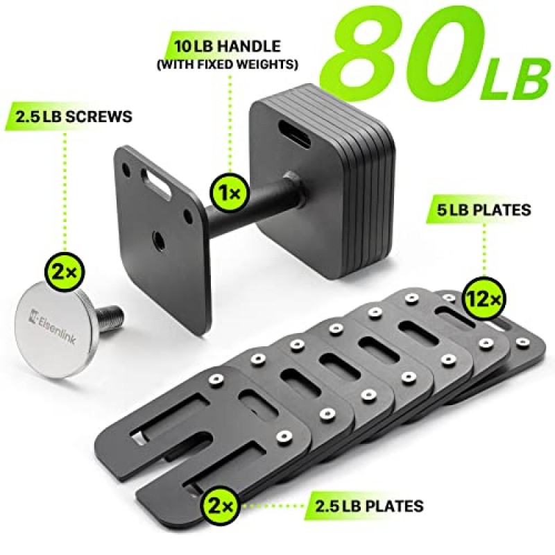 Eisenlink 조정 가능한 덤벨, 50/80lbs 조정 가능한 덤벨 세트 빠른 잠금 조정 가능한 덤벨 인체공학적으로 미끄럼 방지 강철 손잡이가 있는 정사각형 무게 세트 홈 체육관 피트니스