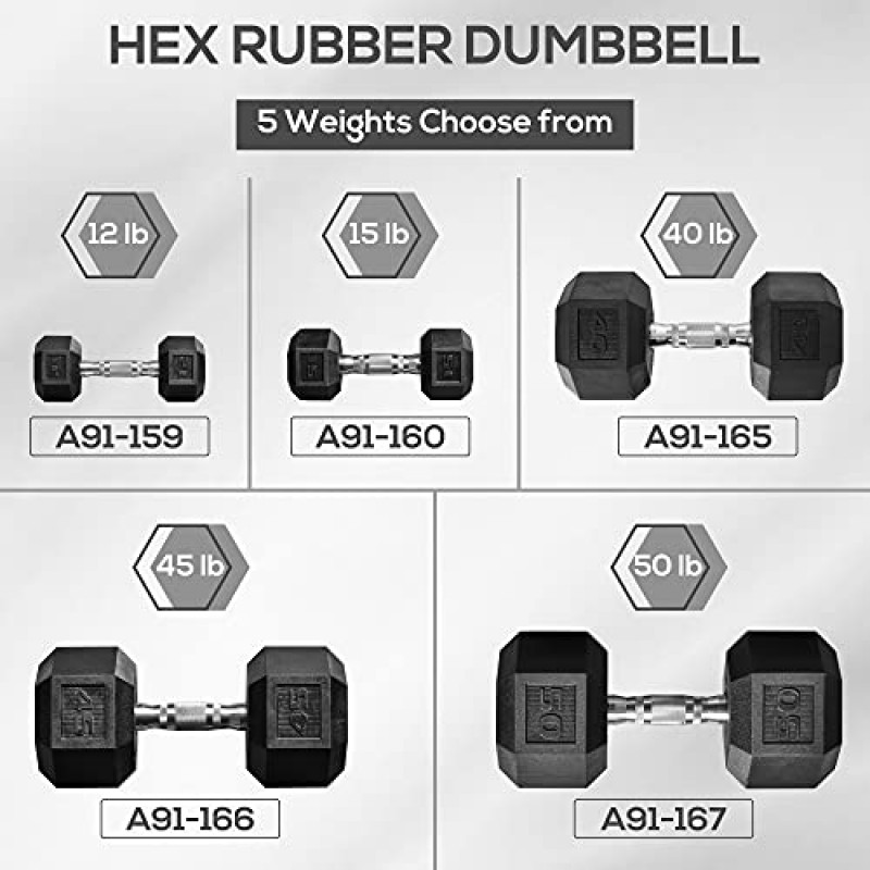 Soozier Hex Dumbbells 2개 세트, 고무 무게 운동 피트니스 덤벨, 미끄럼 방지 핸들, 안티롤, 여성용 또는 남성용 홈 체육관 운동, 2 x 50lbs