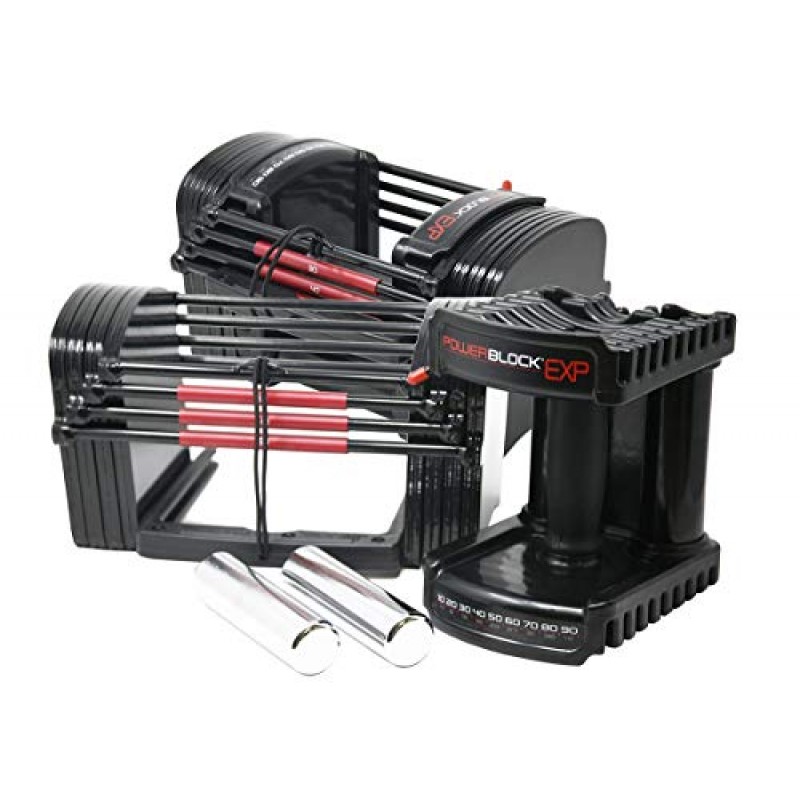 PowerBlock EXP 조절식 덤벨, 쌍으로 판매, 1단계, 5-50파운드. 덤벨, 내구성 있는 강철 구조, 혁신적인 운동 장비, 올인원 덤벨, 확장 키트로 확장 가능