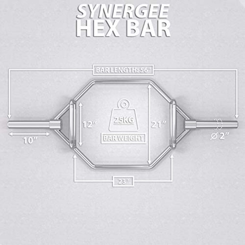 Synergee 7kg, 20kg 및 25kg 크롬 또는 블랙 올림픽 육각 바벨 트랩 바(스쿼트, 데드리프트, 슈러그용 회전식, 플랫 또는 올려진 핸들 포함).