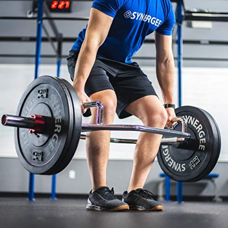 Synergee 7kg, 20kg 및 25kg 크롬 또는 블랙 올림픽 육각 바벨 트랩 바(스쿼트, 데드리프트, 슈러그용 회전식, 플랫 또는 올려진 핸들 포함).