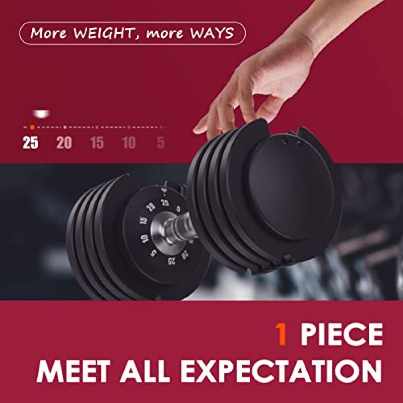 FLYBIRD 조정 가능한 25LB 단일 덤벨, 미끄럼 방지 금속이 있는 남성 및 여성용 핸들을 돌려 빠르게 무게 조절, 전신 운동 피트니스에 적합한 트레이가 있는 검은색 덤벨