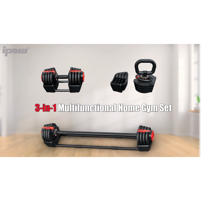 IPOW 3-in-1 조정 가능한 덤벨 세트 40lbs, 12개 무게 증가, 덤벨, 바벨, 케틀벨로 사용되는 홈 체육관용 다기능 프리 웨이트 세트, 남성 및 여성에게 적합