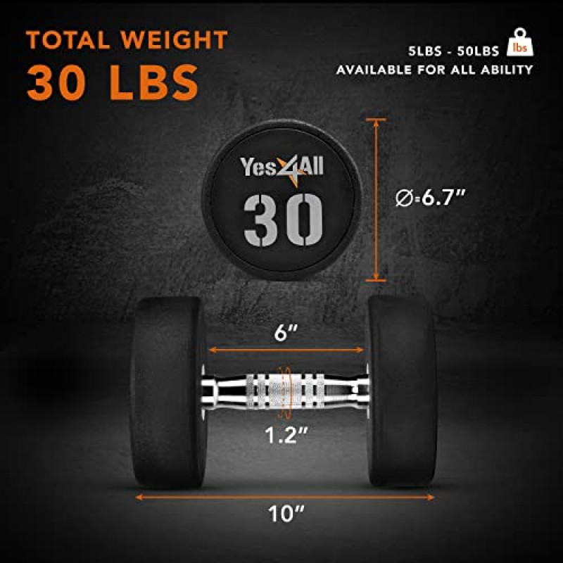 Yes4All 근육 강화를 위한 미끄럼 방지 널링 손잡이가 있는 우레탄 덤벨 5-50LBS - 개별 판매