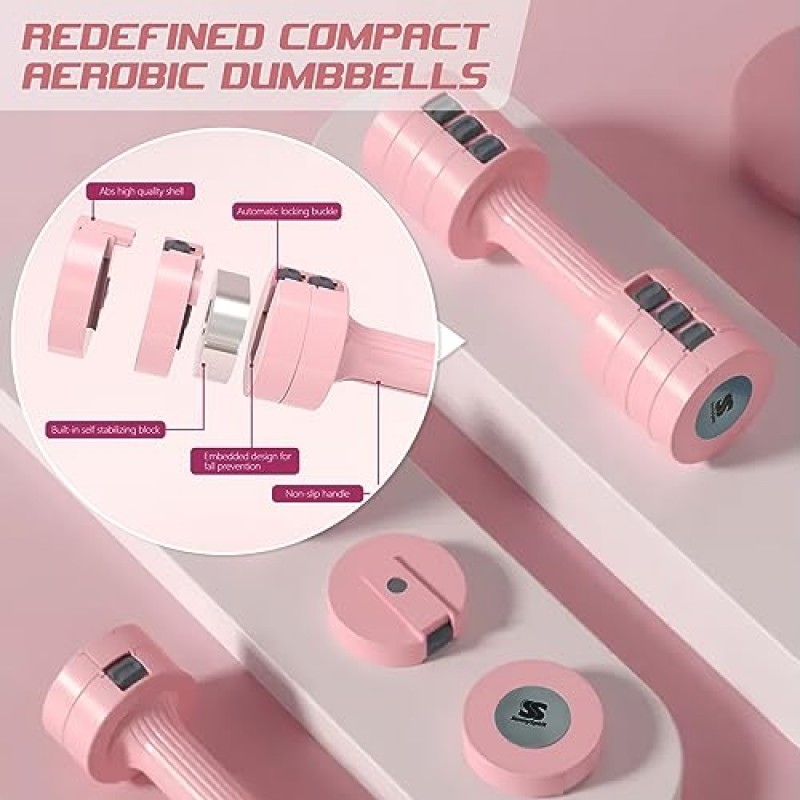 SunnySpirit 조정 가능한 무게 핑크 덤벨 세트, 여성용 프리 웨이트 세트, 한 쌍의 4lb 6lb 8lb 10lb 조정 가능한 덤벨 덤벨 남성용 2개 세트 청소년 홈 체육관 장비 근력 훈련